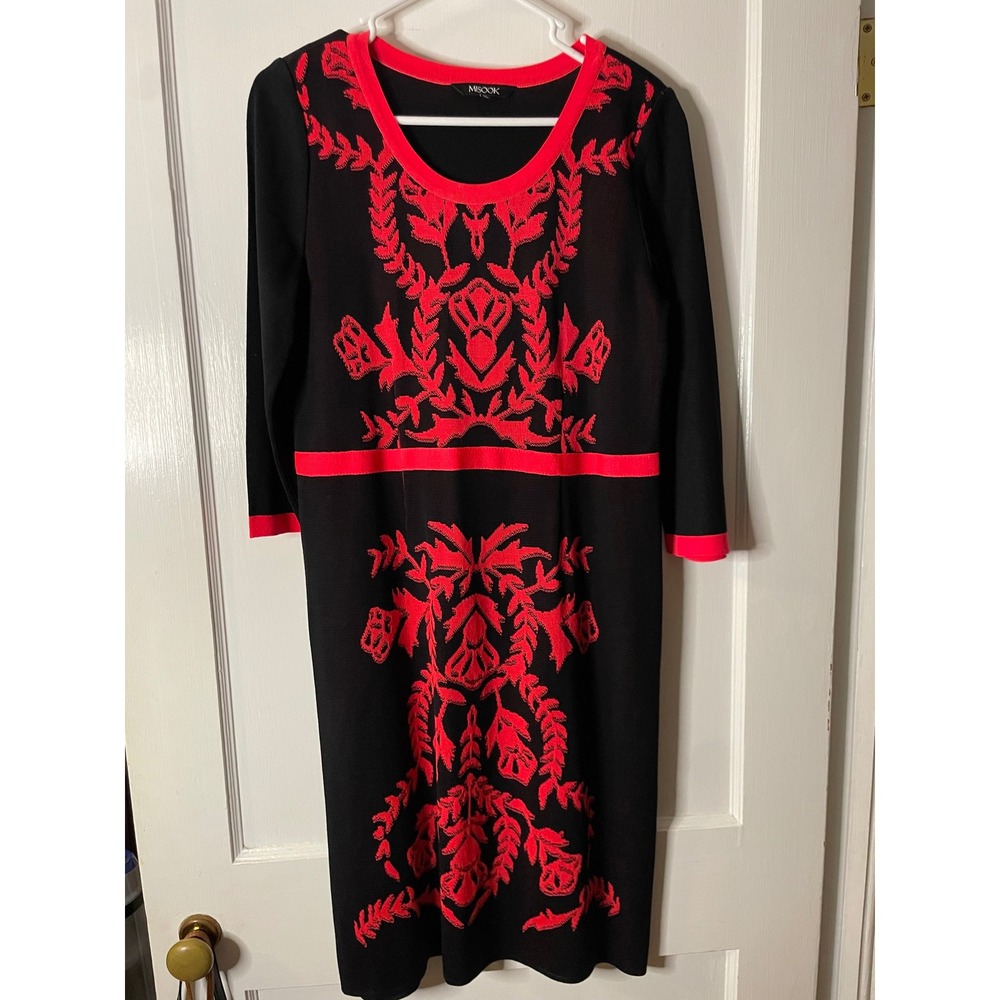 MISOOK Black Red Floral Knit Long Sleeve Sheath‎ Dress Size M